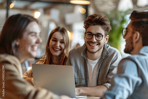 Happy Coworkers Discuss Success at Casual Office Meeting