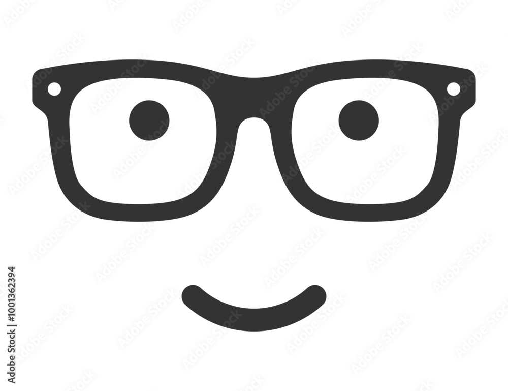 Description: Cute glasses icon with a smiling face. Black and white vector illustration ideal for logos, fun designs, and branding. Description: Cute glasses icon with a smiling face. Black and white vector illustration ideal for logos, fun designs, and branding.