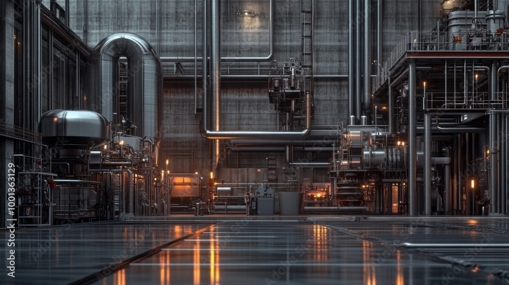 A large industrial building with many pipes and machinery A large industrial building with many pipes and machinery