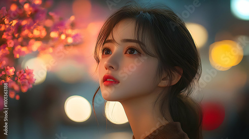 A Girl Gazing Up at the Night Sky with Blossoms and Lights