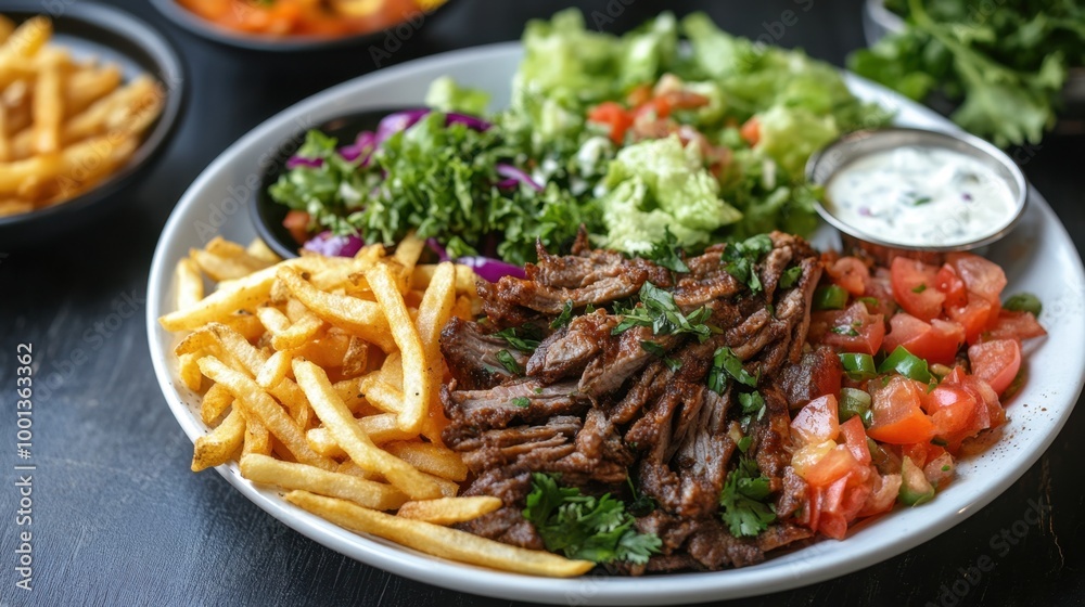 A savory shawarma platter served with golden fries and a side of fresh salad, ideal for lunch or dinner. A savory shawarma platter served with golden fries and a side of fresh salad, ideal for lunch or dinner.