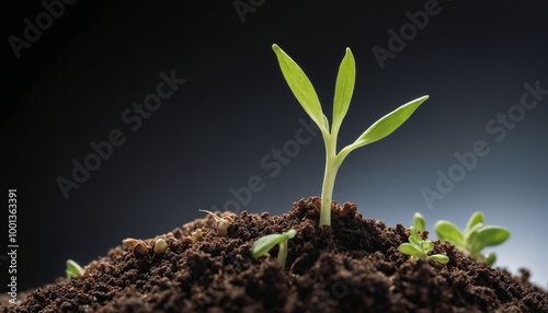 New life emerges from the soil in a serene, shadowy environment showcasing a delicate green sprout and tiny ants working diligently