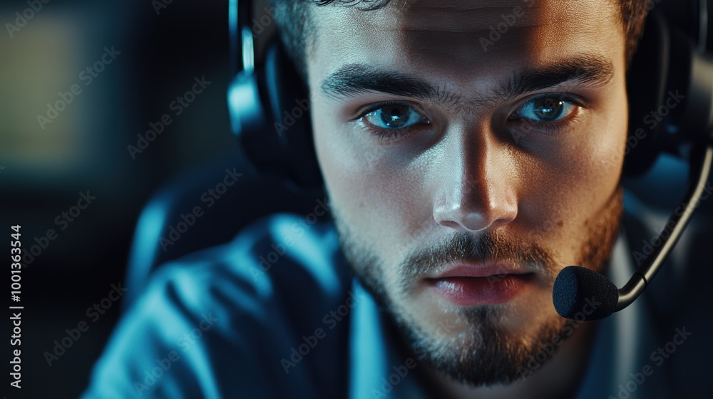 Focused Young Man with Headset in Dark Environment Focused Young Man with Headset in Dark Environment