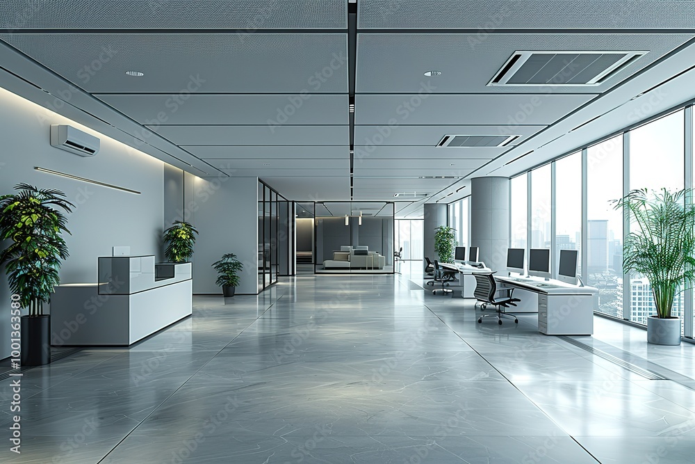 Fototapeta premium A large open office space with a lot of natural light and plants