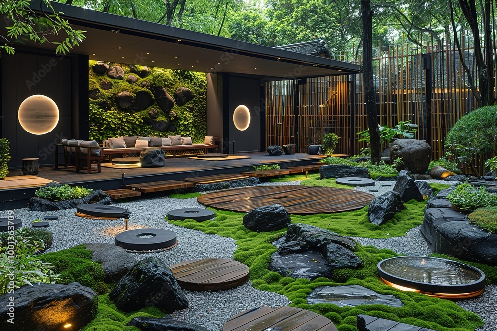 A Japanese-style garden with a pond and a rock garden A Japanese-style garden with a pond and a rock garden