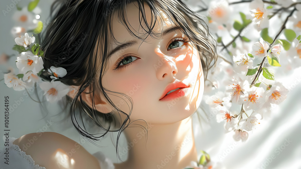 Beautiful Woman with Flowers in Her Hair, Sunlight, Delicate Features, Spring Blossoms Beautiful Woman with Flowers in Her Hair, Sunlight, Delicate Features, Spring Blossoms