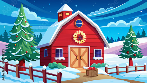 A red wooden barn with a Christmas tree and a wreath on the front, surrounded by snow in a rural winter landscape