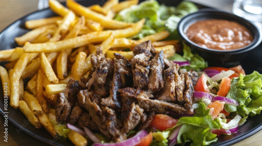 A savory shawarma platter served with golden fries and a side of fresh salad, ideal for lunch or dinner. A savory shawarma platter served with golden fries and a side of fresh salad, ideal for lunch or dinner.
