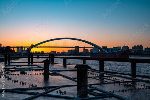 Canvas Print Urban arch bridge at dusk, Lupu Bridge scenery in Shanghai, China