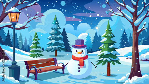 A snowy winter park scene with a smiling snowman standing on a bench, holding a lantern. In the background, there are snow-covered trees, a path, and a lamppost. The sky is filled