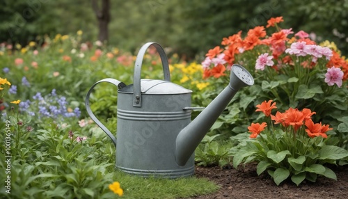 A charming watering can filled with pink flowers sits among vibrant green plants in a serene garden during late spring