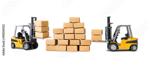 Industry and business transportation with forklift loading product box.economy with demand and supply concepts. photo