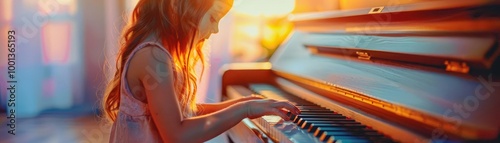A young woman with long red hair plays the piano in a warm, sunlit room.