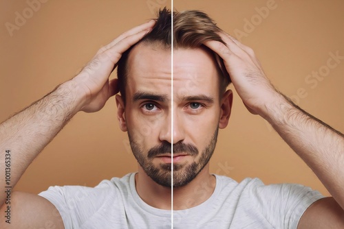Before and after hair restoration. Man showing hair growth transformation result