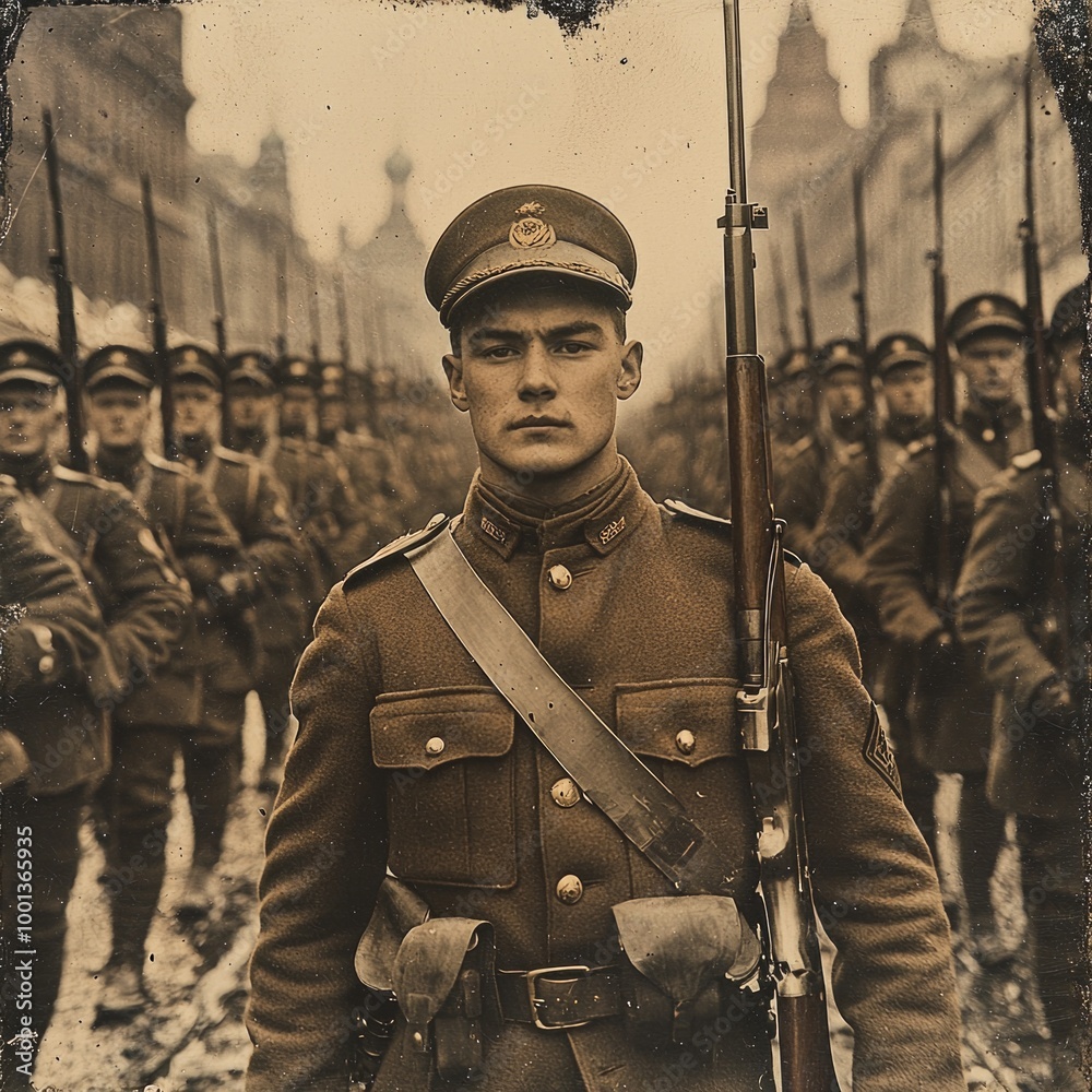 Obraz premium group of First World War soldiers stands at attention showcasing their uniforms and rifles. They exude a sense of pride and bravery in this retro styled capture.