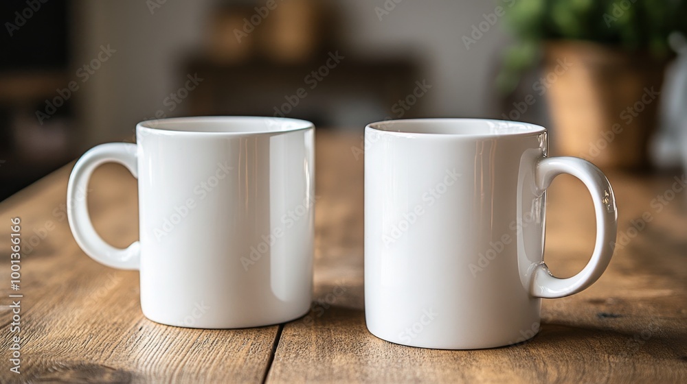 Two White Coffee Mugs on Wooden Table Two White Coffee Mugs on Wooden Table