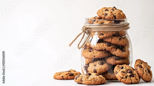 A glass jar filled with freshly baked chocolate chip cookies, perfect for snacks or dessert ideas, showcasing deliciousness.