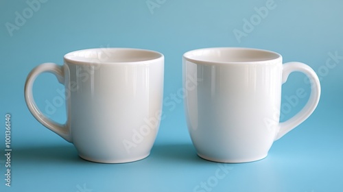 Two white ceramic mugs on blue background