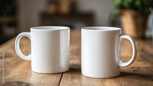 Two White Coffee Mugs on Wooden Table