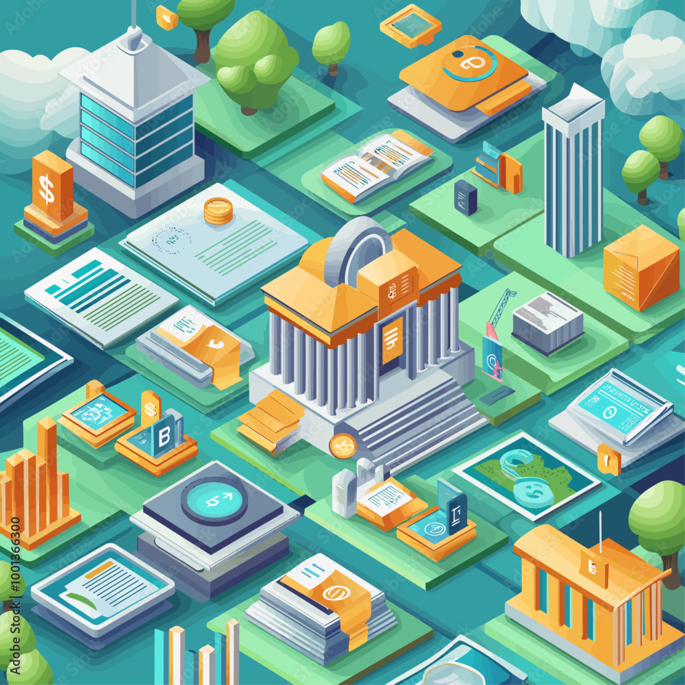 Isometric Financial Education Hub Vector Illustration Isometric Financial Education Hub Vector Illustration