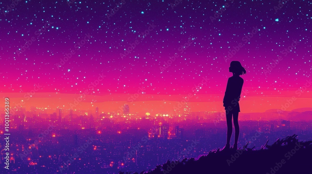 A silhouette of a person gazing at a vibrant starlit sky above a city at dusk, creating a scene of wonder and tranquility. A silhouette of a person gazing at a vibrant starlit sky above a city at dusk, creating a scene of wonder and tranquility.