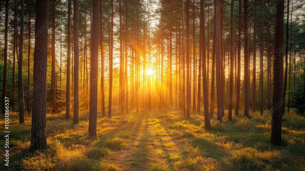 Obraz premium Sunset through Pine Forest