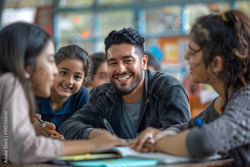 Smiling Students Studying Together in a Classroom