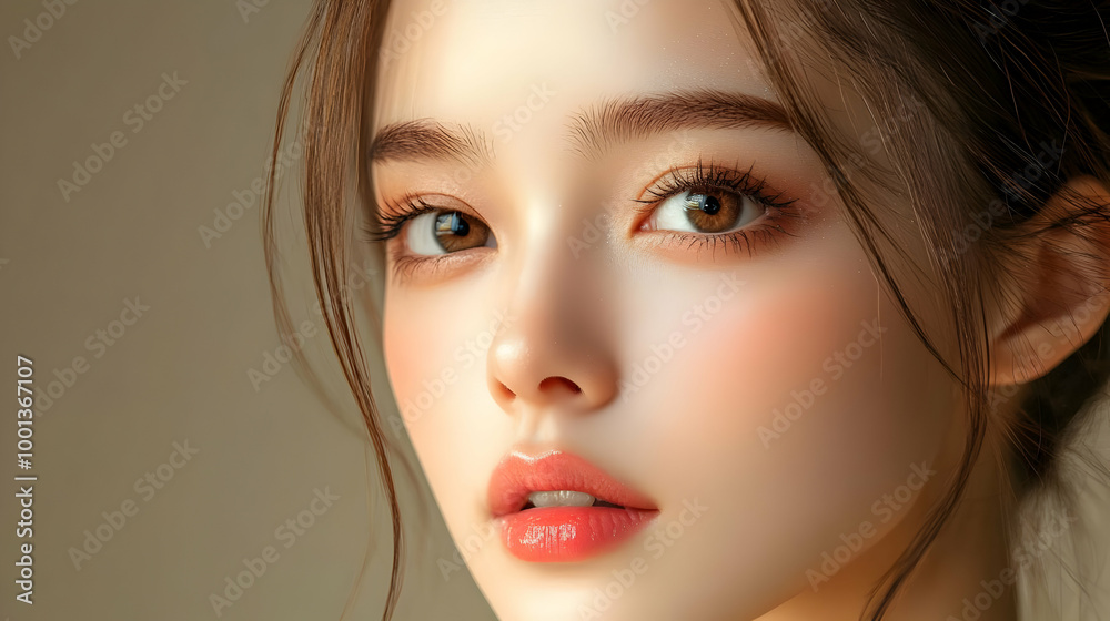 Close-Up Portrait of a Woman with Soft, Natural Makeup Close-Up Portrait of a Woman with Soft, Natural Makeup