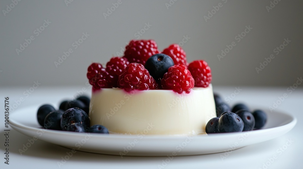 Delicious dessert featuring creamy panna cotta topped with fresh raspberries and blueberries. Perfect for elegant dining. Delicious dessert featuring creamy panna cotta topped with fresh raspberries and blueberries. Perfect for elegant dining.