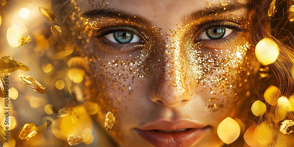 A woman's face is highlighted by golden glitter makeup and sparkling decor. A woman's face is highlighted by golden glitter makeup and sparkling decor.