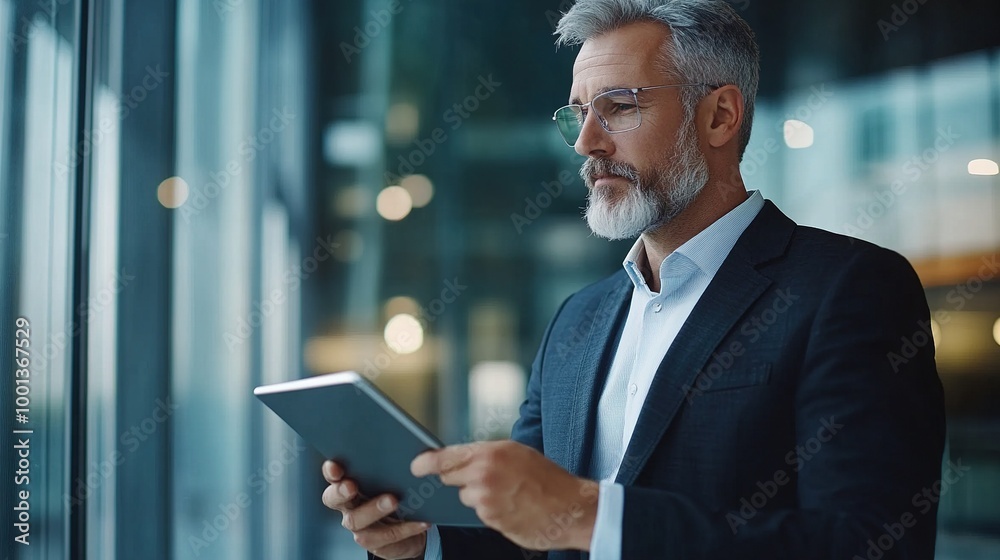 Mature Businessman Using Digital Tablet in Modern Office Mature Businessman Using Digital Tablet in Modern Office