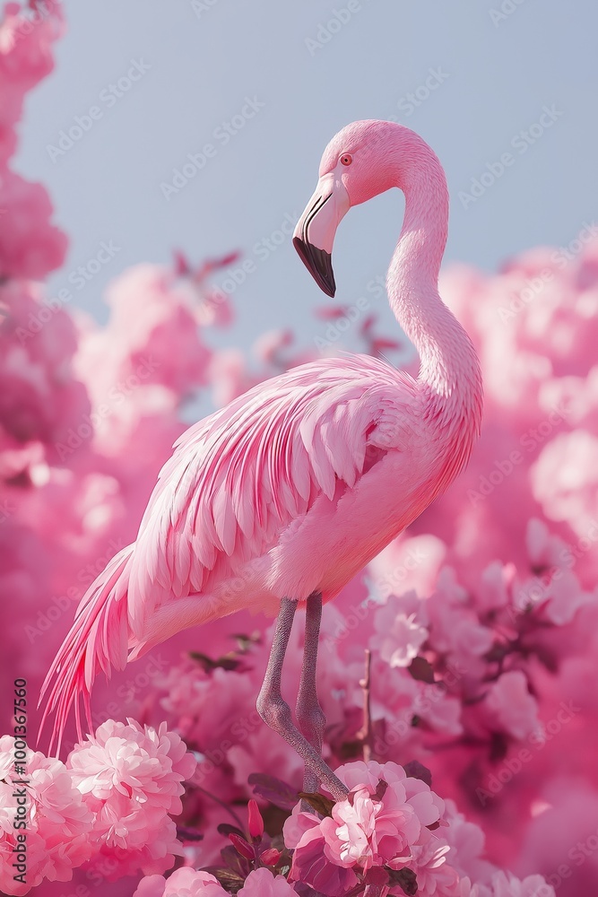 Fototapeta premium A flamingo stands elegantly among the blossoms, representing grace and harmony in this serene nature-inspired image.