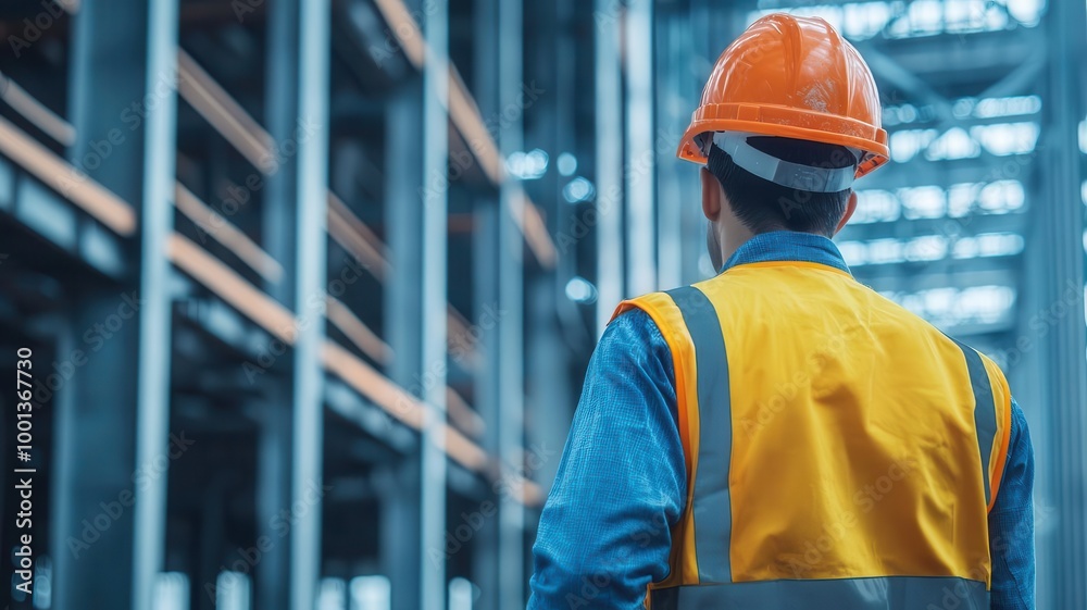 Structural engineer inspecting steel beams and columns for a commercial construction project, structural engineer, steel structure integrity Structural engineer inspecting steel beams and columns for a commercial construction project, structural engineer, steel structure integrity