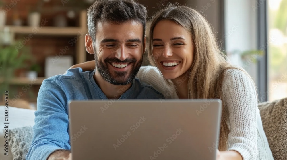 Happy Couple Using Laptop at Home Happy Couple Using Laptop at Home