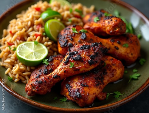 Jamaican Jerk Chicken with Rice and Peas in a Traditional Caribbean Style