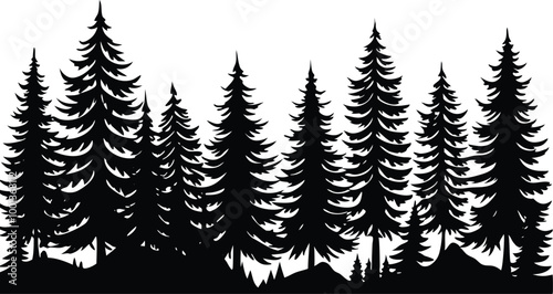 Evergreen trees forest silhouette, Seamless border. vector illustration on white background