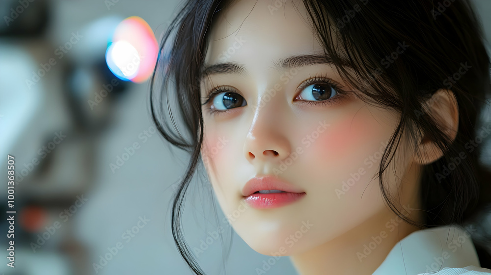 Beautiful Woman with Pink Blush on Cheeks, Soft Focus Background Beautiful Woman with Pink Blush on Cheeks, Soft Focus Background