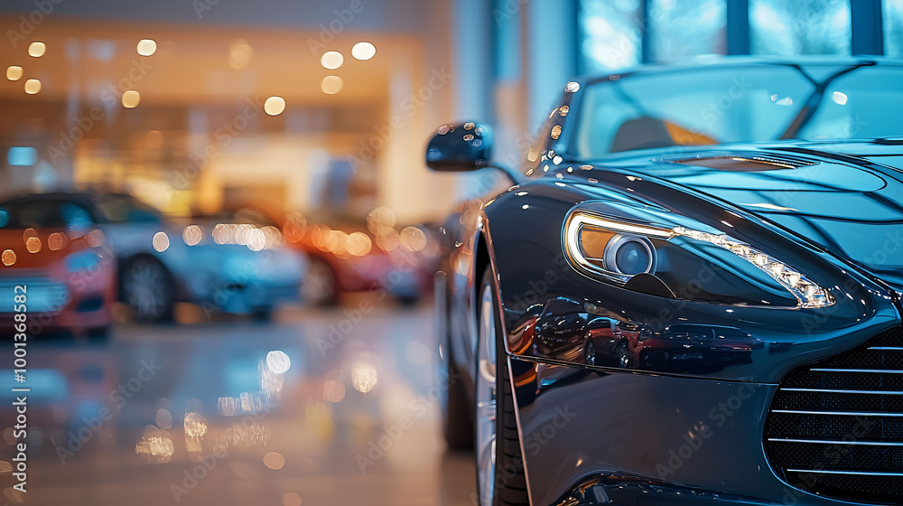 sleek luxury car is showcased in modern showroom, with blurred background of other vehicles creating elegant atmosphere. lighting enhances cars glossy finish, making it stunning focal point sleek luxury car is showcased in modern showroom, with blurred background of other vehicles creating elegant atmosphere. lighting enhances cars glossy finish, making it stunning focal point