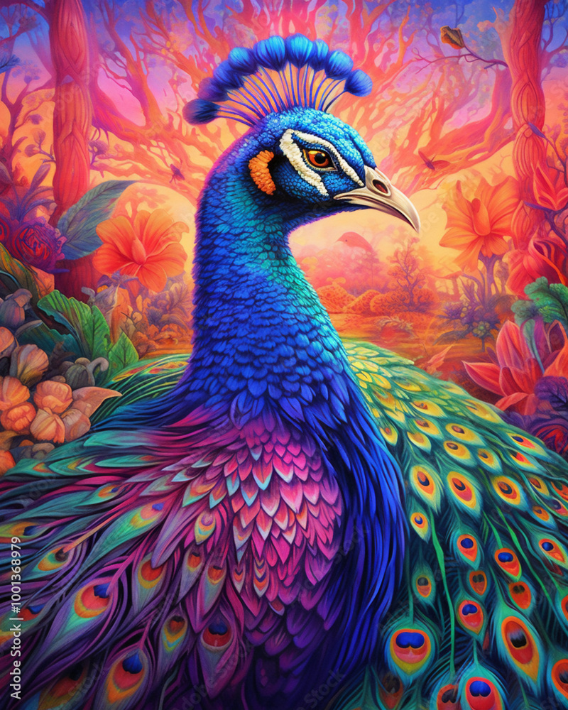 Fototapeta premium Adorn your wall with a multicolor peacock featuring a captivating Safari Artwork