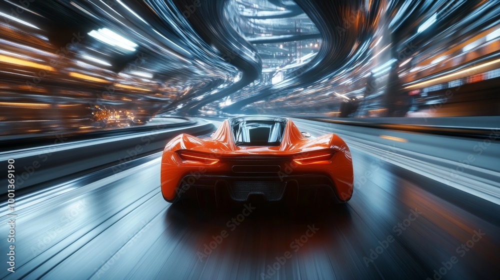 Fototapeta premium Futuristic Sports Car on a High-Speed Neon Highway