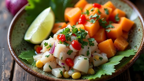 Peruvian Ceviche with Lime and Sweet Potatoes in a Traditional Style photo