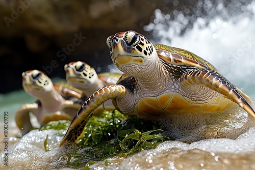 A group of sea turtles feeding on seaweed near a rocky outcrop, with waves crashing gently above them photo