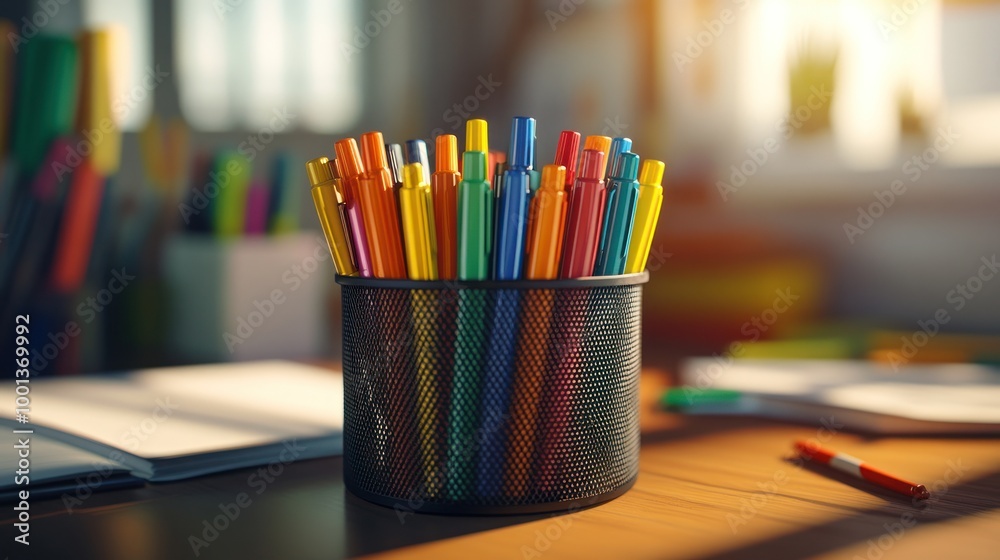A container filled with colorful pens on a desk, surrounded by stationery.