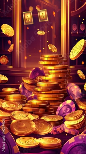 Colorful piles of golden coins and chips in a vibrant casino setting, evoking feelings of excitement and chance. photo