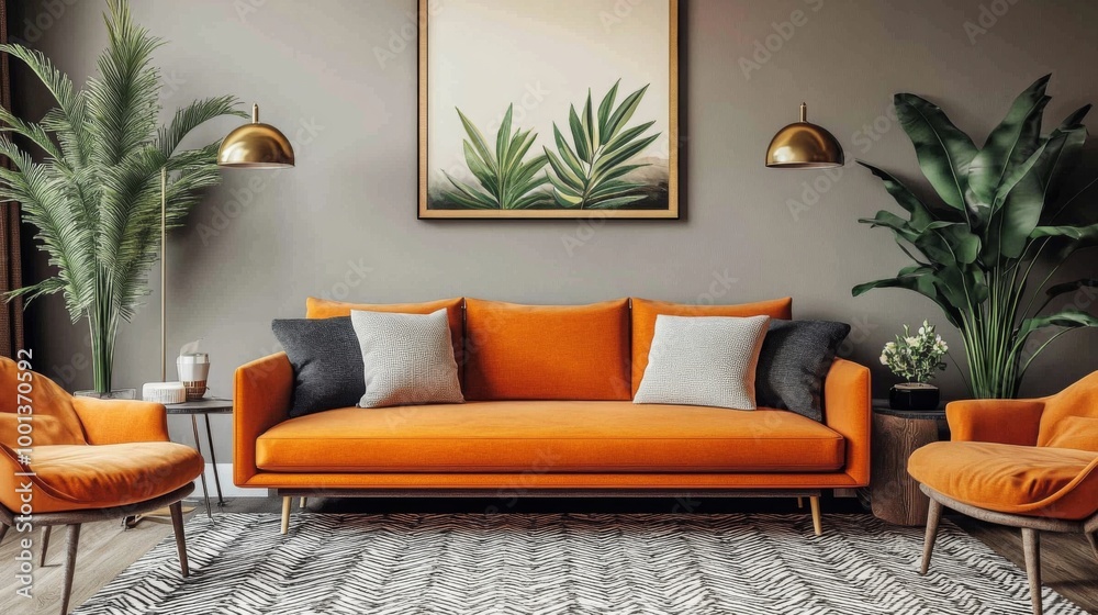 Modern Living Room with Orange Sofa Modern Living Room with Orange Sofa
