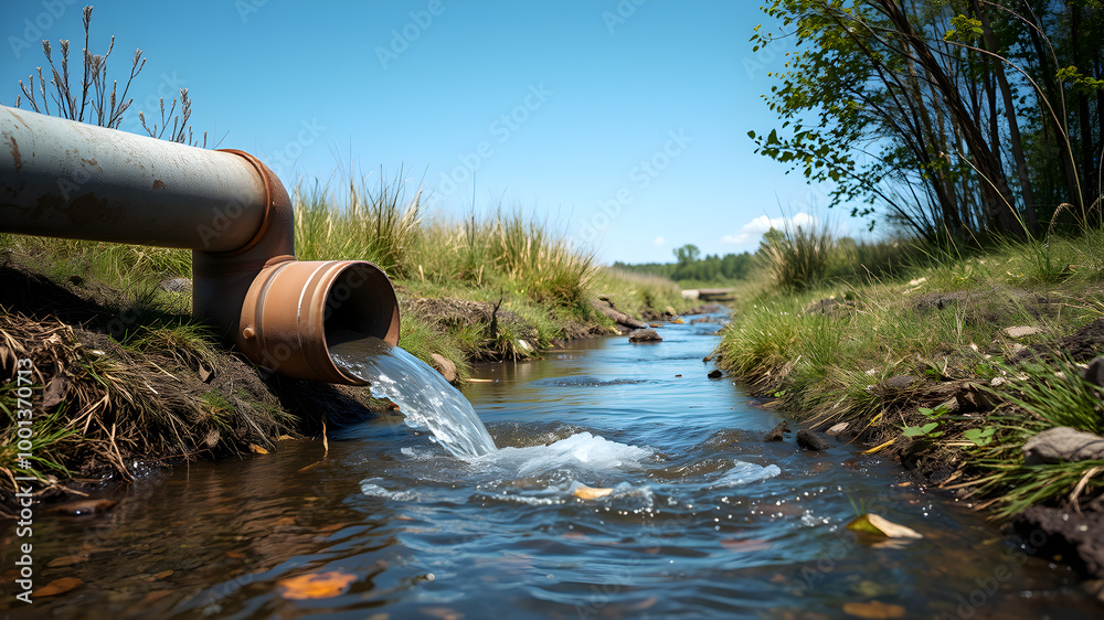 Draining sewage from pipe into river, pollution rivers and ecology. Generative AI Draining sewage from pipe into river, pollution rivers and ecology. Generative AI