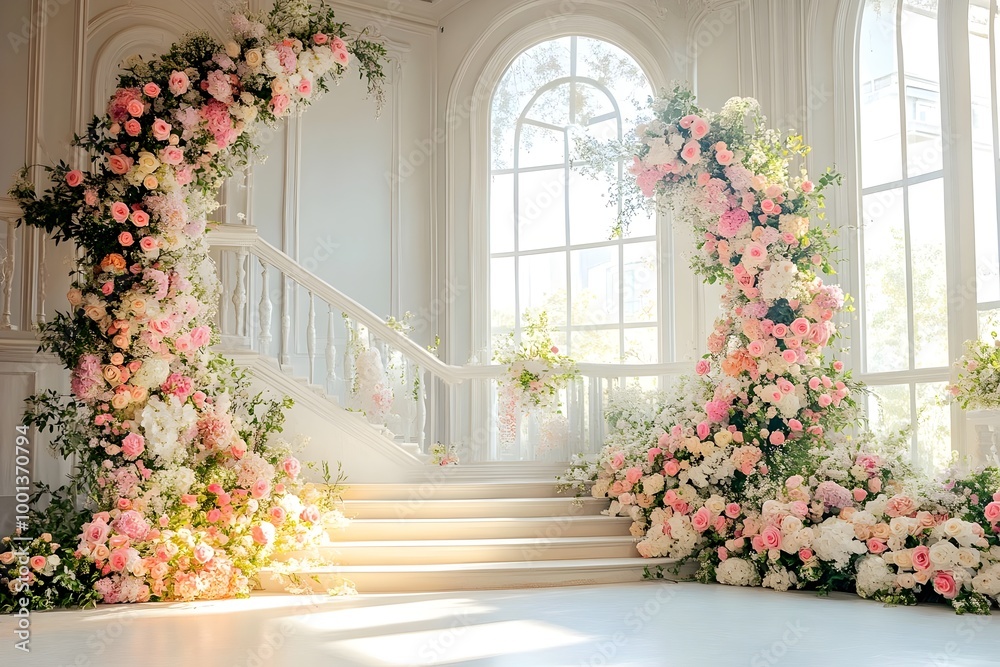 Beautiful wedding backdrop with flowers and staircase generative AI
Beautiful wedding backdrop with flowers and staircase generative AI