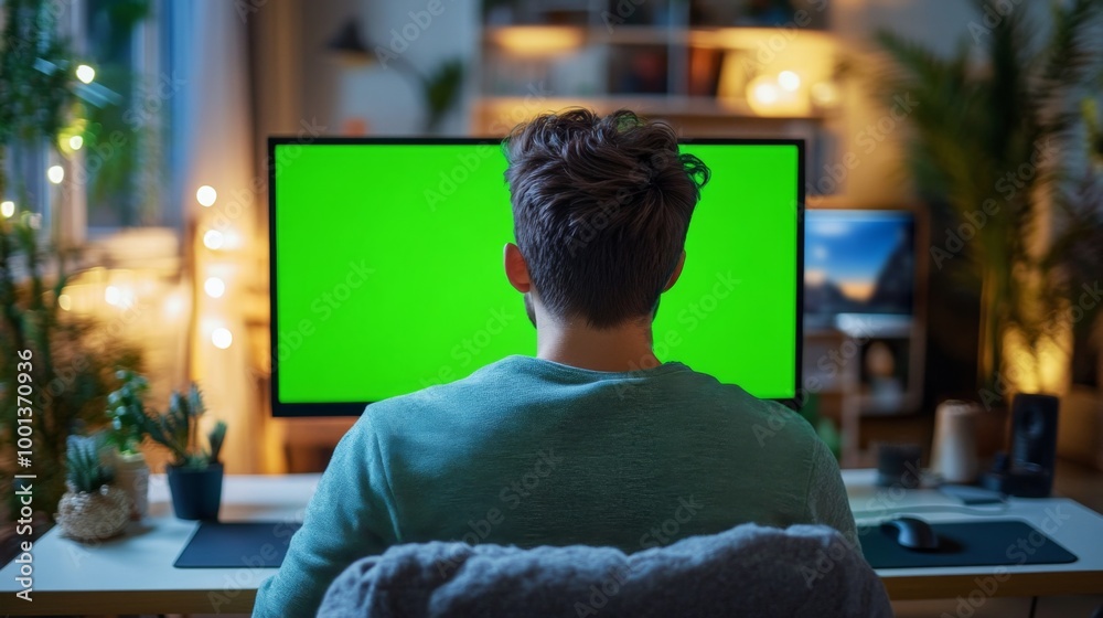 Person Using Desktop in Cozy Home Office in Evening with Green Screen Monitor Person Using Desktop in Cozy Home Office in Evening with Green Screen Monitor