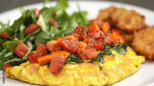 Freshly Cooked Omelet with Salsa and Side Salad, close-up image