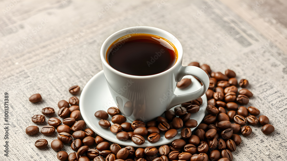 Espresso coffee cup with coffee beans Coffee pause. with copy space image. Generative AI Espresso coffee cup with coffee beans Coffee pause. with copy space image. Generative AI